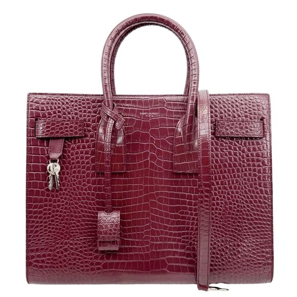 Yves Saint Laurent  Sac de Jour Crocodile Embossed Leather Satchel Bag Burgundy - Picture 1 of 14